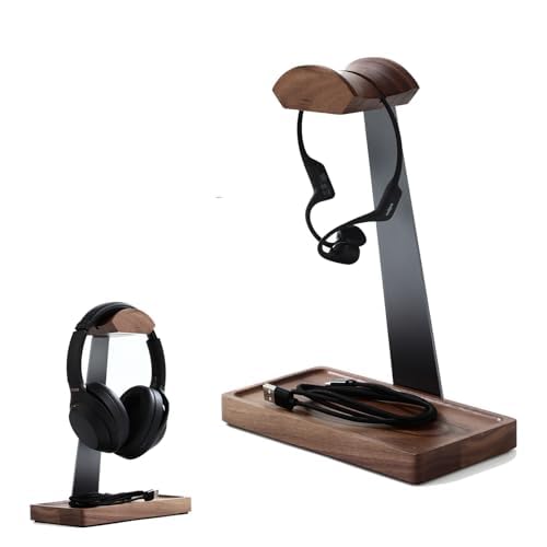 NIRVASH Walnut Headphone Stand, Wood Headset Stand for Desk, Gaming Headphone Holder with Storage Base Compatible with Airpod max, Bose, Razer,