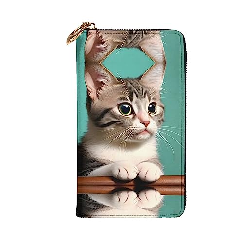 Leather Wallet 7.48 x 4.13 in - Stylish and Durable Wallet for Women with Multiple Compartments and Zipper Design A curious cat Pattern2