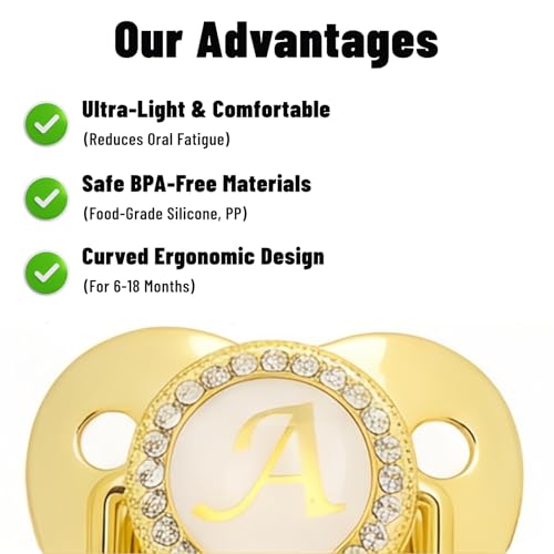 Image of Personalized Baby Pacifier with Bling Design - Golden Letter Pacifier with Pacifier Clip, Custom Name Pacifier for Baby, Curved Ergonomic Design for 6-18 Months (A, Gold)