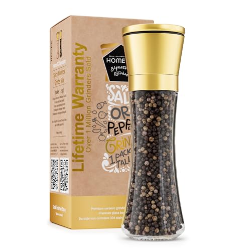 Image of HOME EC Original Stainless Steel Salt or Pepper Grinder 1pk - Adjustable Ceramic Sea Salt Grinder or Pepper Mill - Tall Glass Spice Shaker - Spice Mill w /Ebook (Gold)