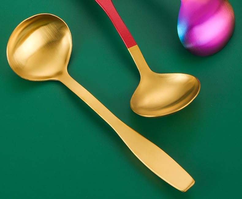 Silverware Flatware Set, 1/4/6/8/10/12 Pieces Stainless Steel Thickened Hollow Handle Soup Shell Household Soup Spoon Hot Pot Soup Spoon(Gold,6 Pieces)