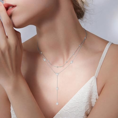 Diamond Station Layered Lariat Necklace for Women 925 Sterling Silver Layering Y-Shaped Chain Necklace with Lab Grown Diamond Jewelry Gifts2