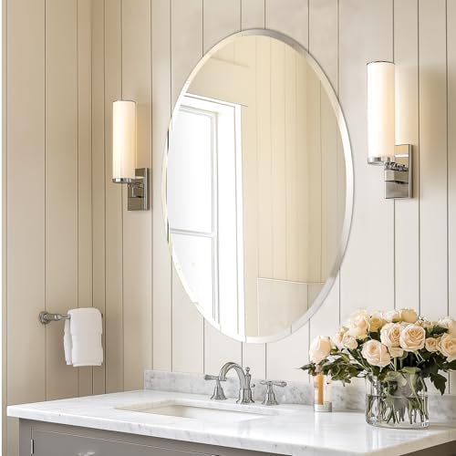 Artloge Espejo de Baño de Pared Biselado Decorativo sin Marco, Espejo Minimalista Ovalado de Vidrio Plateado para Comedor Salón Entrada Pasillo, 50 x 70 cm