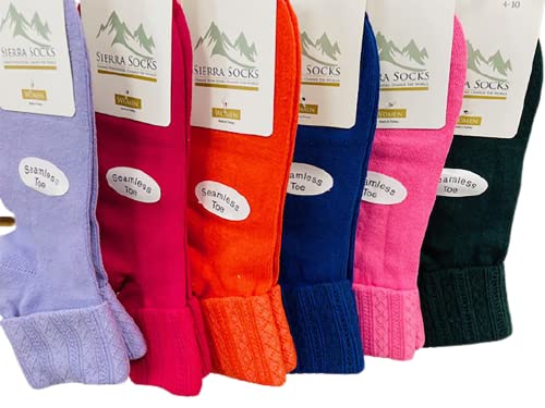 6‑Pack Triple Cuff Cotton Crew Socks | Seamless Toe Women’s Colorful Socks | Breathable & Casual Socks for Ladies - Size 4‑10