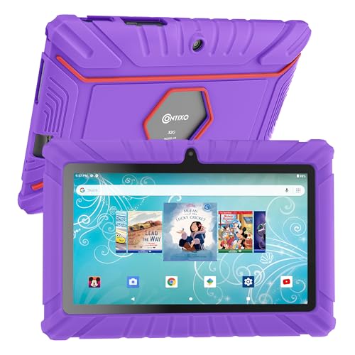 Contixo 7″ Android Kids Tablet 32GB, Includes 50+ Disney Storybooks & Stickers (Value $200), Kid-Proof Case, (2023 Model V8) – Purple