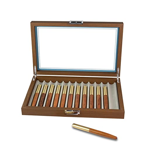 Cokritsm Wood Pen Display Case 12 Pen Organizer Box Pen Storage Collector Organizer Box With Glass Window Pen Fountain Collection Display Case（Black Walnut）
