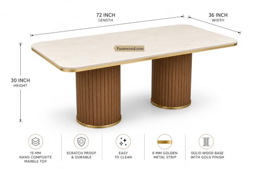 Image of 6 Seater Dining Table and Chair with Nano Composite Marble Top and Golden Strip Set | 72 x 36 x 30 Inch Solid Wood Base with Swed Fabric Finish Dining Furniture for Living Room Home (Blue)