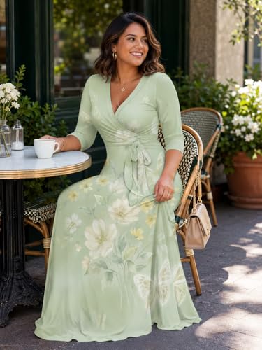 Image of SUZONANA Plus Size Dresses for Women Floral Print Maxi Dress Flowy 3 /4 Sleeve with Belt