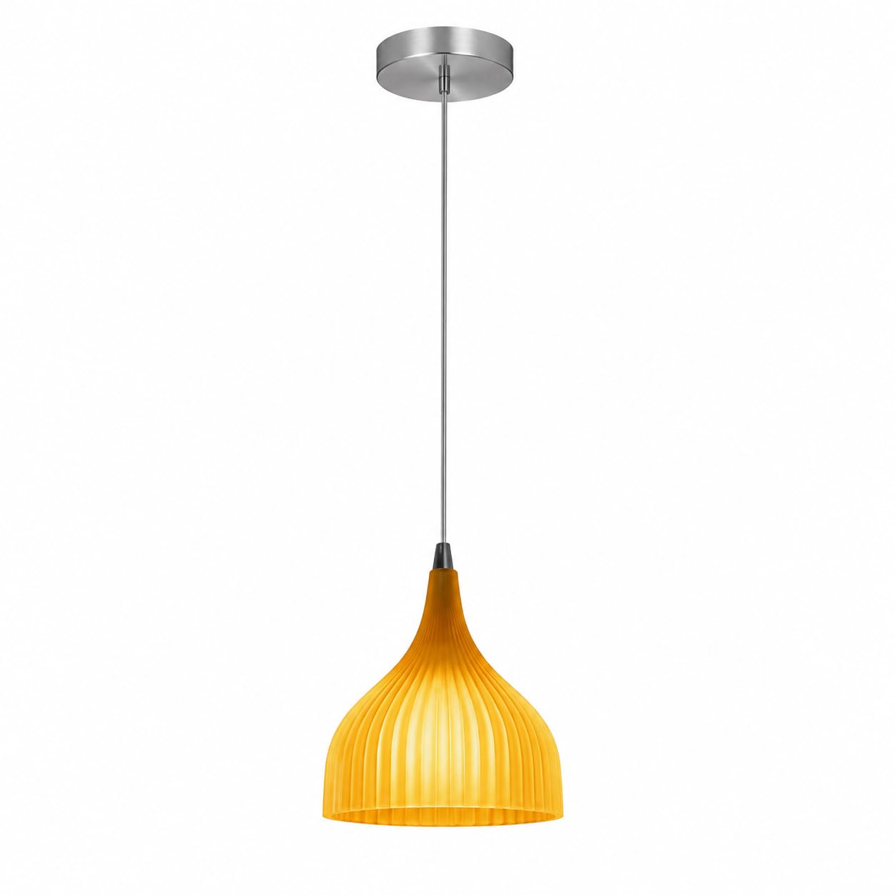 Ceramiczna lampa wisząca, żółty żebrowany klosz dzwonkowy z metalową rozetą, gniazdo E27, regulowany kabel 120 cm, idealny na wyspę kuchenną, jadalnię, sypialnię, korytarz i e