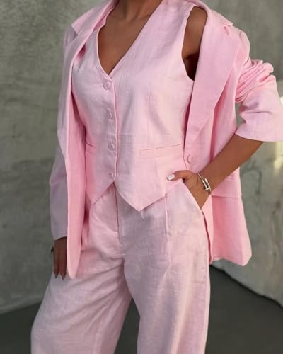 LEWIJO White Linen Suits for Women - Elegant 3-Piece Summer Casual Blazer Vest Pants Set in Size Small - Image 4