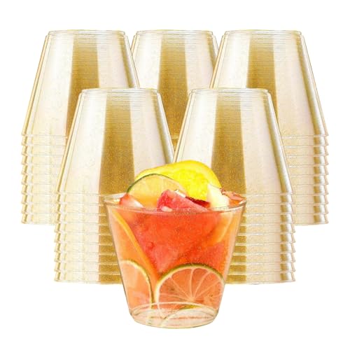 JUNJIEFU Lot de 50 gobelets réutilisables en plastique rigide transparent avec paillettes dorées, parfaites pour jus, bière, cocktail, soda, yaourt,...