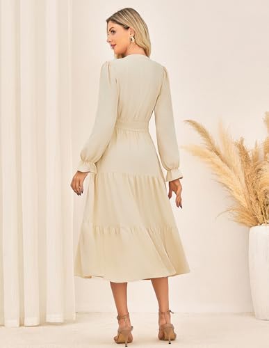 Image of GRACE KARIN Women's Casual V Neck Lantern Long Sleeve Ruffle Smocked Waist Tiered Midi A Line Dress with Pockets