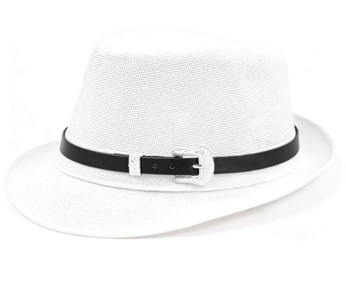Classic Fedora Hat for Men Women Short Brim Panama Summer Beach Hat Accessories with Feathers (US Alpha Large X-Large White)