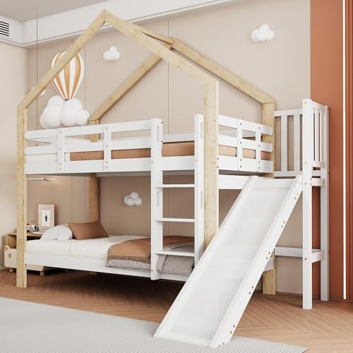 Letto a castello con scivolo e scala angolare a tre livelli, letto con protezione anticaduta, letto per bambini, telaio...
