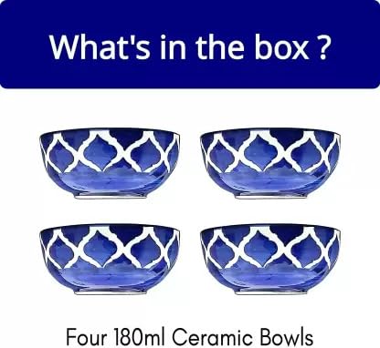 Image of Ceramic Hand Crafted Dessert /Dinner /Pudding /Maggie Bowls (Blue and White 180 ml) | Set of 4 Bowls | Microwave Safe Bowls