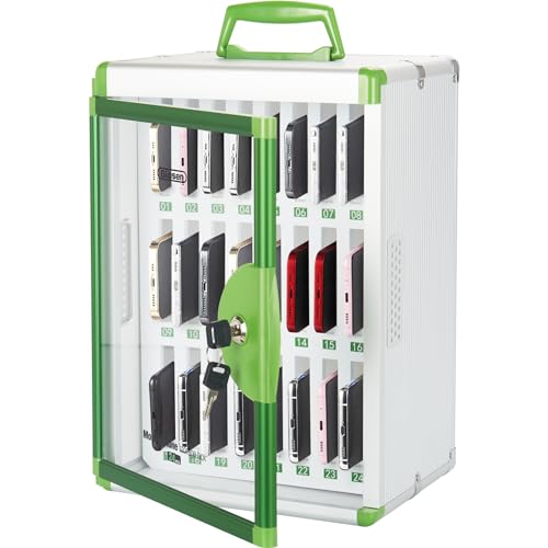 Glosen 24 Slots Cell Phone Locker Storage Cabinet Pocket Chart Locking Storage Wall Mounted Aluminum Alloy Lock Box with Handle and Key for School Classroom Office Exam