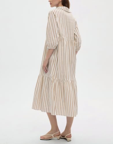 Image of EZAPINE Womens Babydoll Striped Shirt Midi Dress Puff Long Sleeve Collared Button Tunic Flowy Swing Dresses