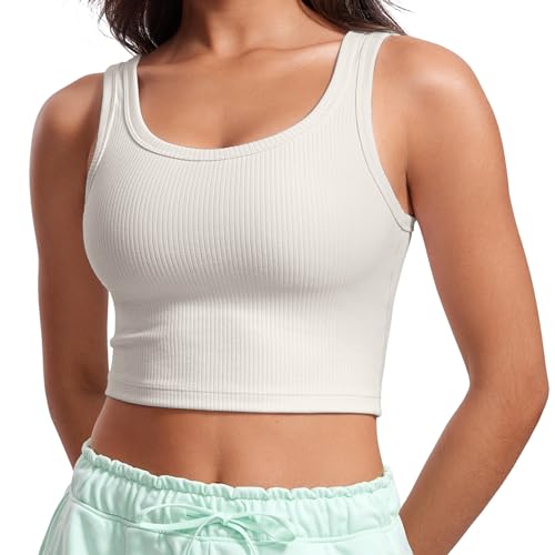 Image of CRZ YOGA Ribbed U Neck Crop Tank Tops | Medium Support, Removable Pads, Casual, Wide Straps, Longline Sports Bras for Women