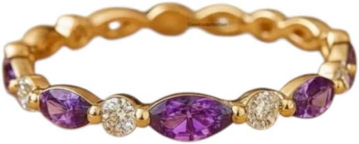 Marquise Purple Amethyst Round Cut CZ Eternity Band Gold Plated Stackable Wedding Ring for Women Handmade Jewelry GMR97