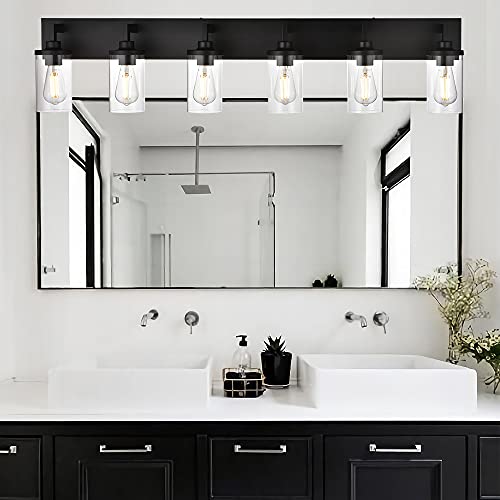 6 Light VINLUZ Bathroom Lighting Fixture in Black Finish,Metal Base Vanity Light with Clear Glass Shade Wall Mount Lamp Decor for Corridor Hallway