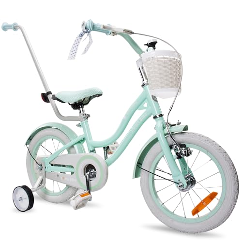 sun baby Bicicleta para niñas Heart Bike, tamaño de Rueda 12 14 16 Pulgadas, con Barra de Empuje Desmontable, Bicicleta Infantil para niñas de 2 a 6 años (14 Pulgadas, Silver Moon Menta)