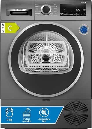 Bosch WQG243DRII Serie 6 Asciugatrice a pompa di calore, 9 kg, Classe energetica C, Sensori di asciugatura intelligenti, Filtro semplice da pulire, Opzione mezzo carico, Bianco, 60 Cm