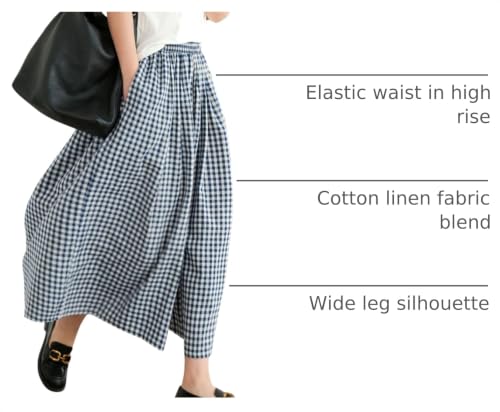 Image of chouyatou Women's Cotton Linen Pants Elastic Waist Plaid Gingham Wide Leg Capri Palazzo Pants