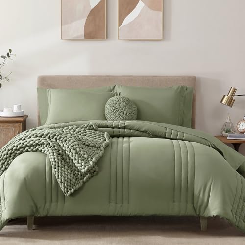 Image of Monbix Full Size Comforter Set - 7 Pieces Sage Bed in a Bag Full Size Bedding Sets with Comforters, All Seasons Comforter Bed Set with Sheets, Pillowcases & Shams
