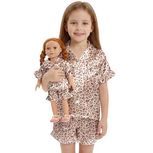 ICOSY Matching Doll & Girls Silk Pajamas Satin Pjs for Girls Button-Down Top and Shorts for 18 Doll Girl Clothes Brown