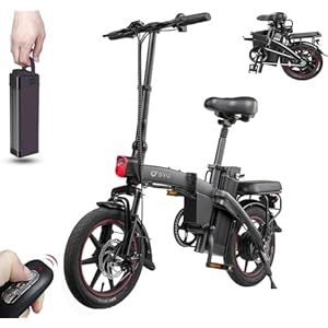 DYU Opvouwbare Elektrische Fiets, 14-inch E-Fiets, Elektrische Fiets met Geassisteerd Trappen, Verwijderbare Batterij, Slimme Led-Display, Sleutel op Afstand Starten, Dubbele Schijfrem