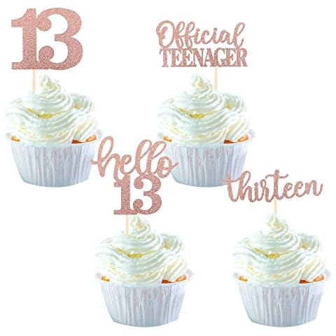 SYKYCTCY 36Pack 13th Birthday Cupcake Toppers Glitter Hello 13 Thirteen Cupcake Picks Official Teenager Cake Decorations for 13th Birthday Anniversary Party Supplies Rose Gold Cover