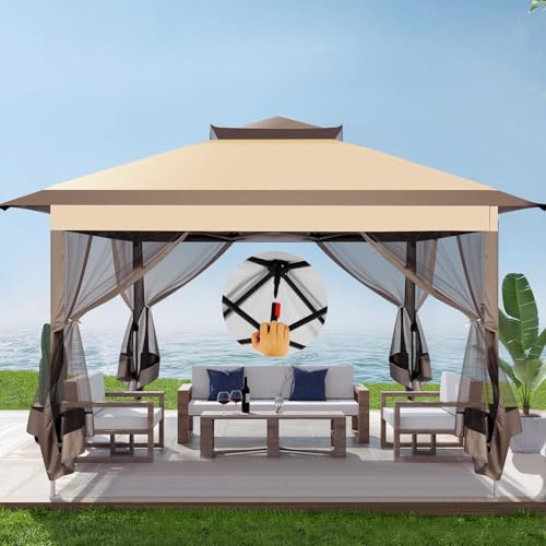 Image of COBIZI Pop Up Gazebo 12x12 Canopy Tent, Outdoor Screened Gazebo Shelter with Mosquito Net,Carpas para Patio, Shade for Lawn, Garden, Backyard and Deck, Brown(Upgraded 2.0)
