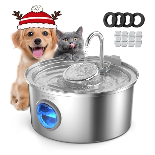 Invengo Katzenbrunnen Edelstahl, 3.2L Ultra-Leiser Trinkbrunnen für Katze mit Wasserstandsanzeige und 5-Fach Filtersystem - Haustierbrunnen für...