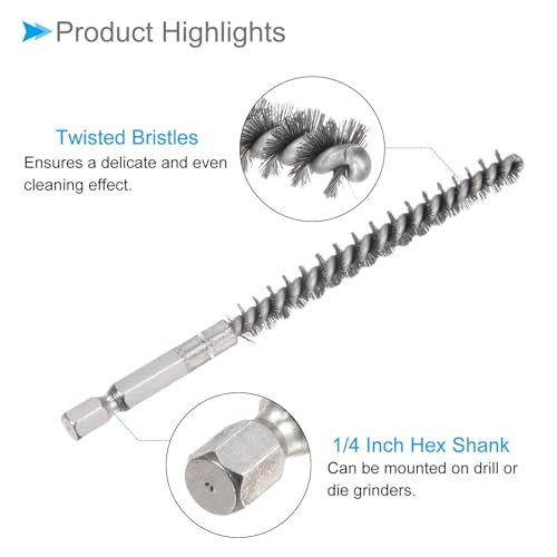 Image of Bore Brush, 8mm Dia 75mm Length, Stainless Steel Twisted Cleaning Wire Brushes with 1 /4 inch Hex Shank - (Applications: for Power Drill), 3-Pieces