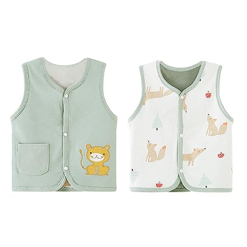 ANIMQUE Baby Kleinkind Kinder Baumwoll Westen Doppelseitig Ärmellose Jacke Kinderweste mit Druckknopf Frühling Herbst mit Cartoon Muster, Tiger Grün 80