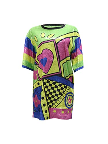 Fawjsais Women's Half Sleeve Dress O Neck Printed Sequins Mini Dress Loose Casual Sexy Nightclub Party T-Shirts Tops Dress3