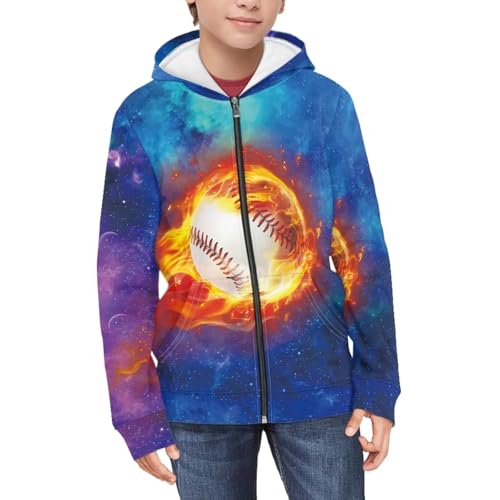 HUIACONG Baseball Hoodie for Boys Zip Up Hoodies Size 6-7 Novelty Kids Sweatshirt Flame Long Sleeve Shirt Full Zipper Jacket Fall Clothes Outdoor Outfit Hooded Top Pullover