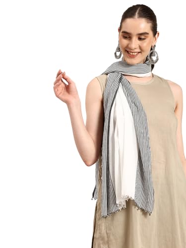 ASVA Handwoven White Cotton Scarf with Black Stripes on Both Sides, Elegant Lightweight Wrap for Women