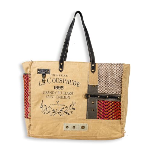 Image of Myra Bag Weekender Bag for Women - Western Upcycled Canvas & Leather Shoulder Bag Sundown River