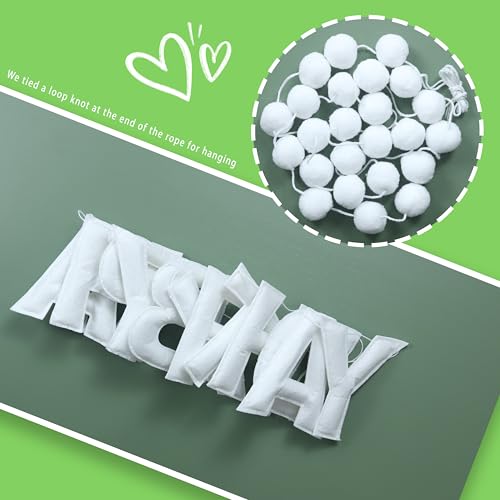 Image of 2 PCS Pre-Strung 3D Felt Happy Birthday Banner - White Theme Birthday Decorations Sign, Pom Pom Garland, Reusable Party Decor, Photo Prop(White)
