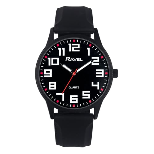 Ravel - Herrenuhr mit Schwarzem Gehäuse, Sportlichem Silikonarmband und Hervorgehobenen Stundenmarkierungen - Analoges Quarzwerk - RS003.03 - Schwarz