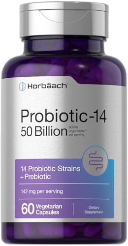 Horbaach Probiotics for Women and Men | 60 Capsules | 14 Probiotic Strains with Prebiotic | 50 Billion Active Organisms | Non-GMO & Gluten Free Supplement