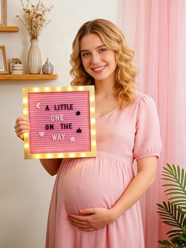 Image of 10 inchx10 inch Felt Letter Board with LED Lights & Stand, First Day of School Sign | Wall /Desk Display, 450-Letter, Message Custom Signs Poster Board, Baby /Pregnancy Announcement /Birthday Decorations, Pink