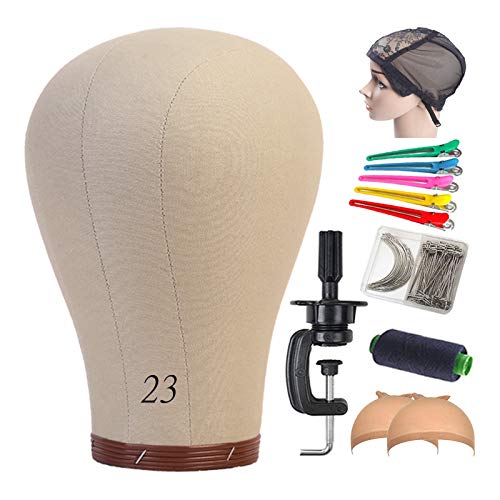 RUICAS 23" Wig Head,Cork Canvas Head,Mannequin Head with Table Stand,Canvas Block Head for Wigs Making Display (Wig Stand,Wig Cap,T-Pins,Sewing Thread) (23inch)