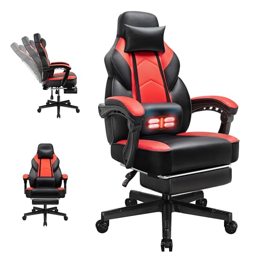 Gaming Chairs for Adults, Computer Chair with Footrest, High Back, Big and Tall Gamer Chair‘s with Massage Lumbar Support, 360° Swivel Height Adjustable Computer Chaires, Dark Red