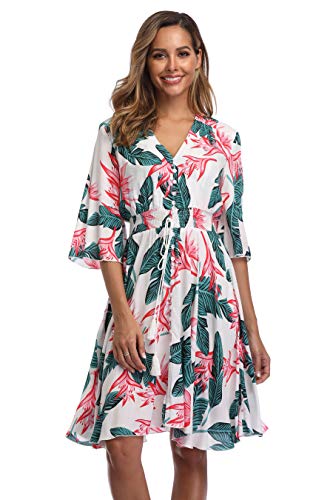 Image of VintageClothing Women's Floral Sundresses Flowy Boho Summer Beach Dress | Lightweight Breathable material,Elegant V Neck and Button Front Design,Flared Bell Sleeve Cut,Mini Casual dress