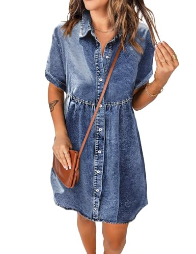 Image of Women's Denim Dress for Women Cute Blue Babydoll Denim Shirt Dress Denim Dress with Pockets
