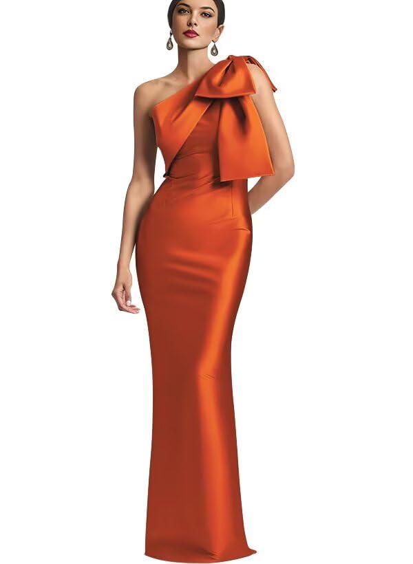 Image of One Shoulder Bridesmaid Dresses with Bow Long Mermaid Satin Back Slit Mother of The Bride Dresses PM004