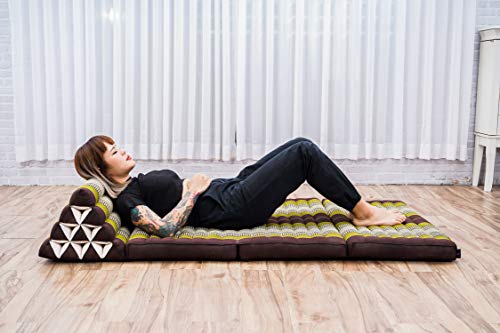Image of Leewadee 3-Fold Mat XXL with Triangle Cushion - Firm TV Pillow, Foldable Mattress with Cushion Made of Kapok, 67 x 31 inches, Brown Green