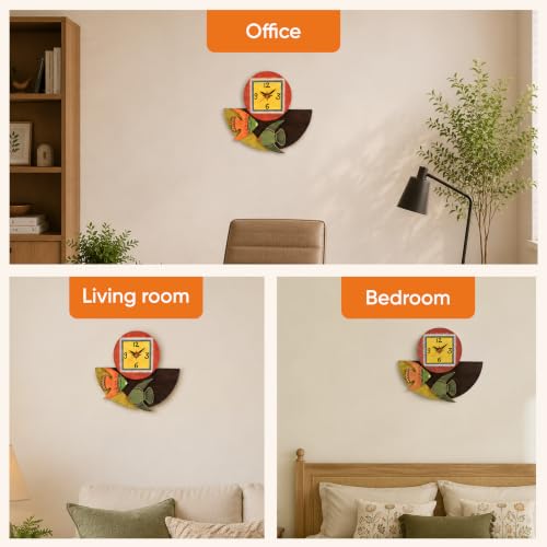 Image of AAKRITI ART CREATIONS Wall Clock Handcrafted Wooden with Fish Motif Multicolor | Clock for Home, Home Decoration | Abstract Art Wall Clock, Lightweight Wooden wall Decor | Matte Finish